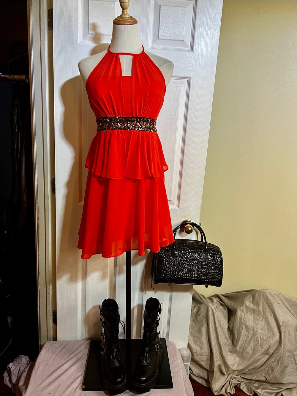 XOXO Vtg Y2K Wms Tangerine Chiffon Peplum Ruffle Sequin Halter Mini Dress 3/4 XS